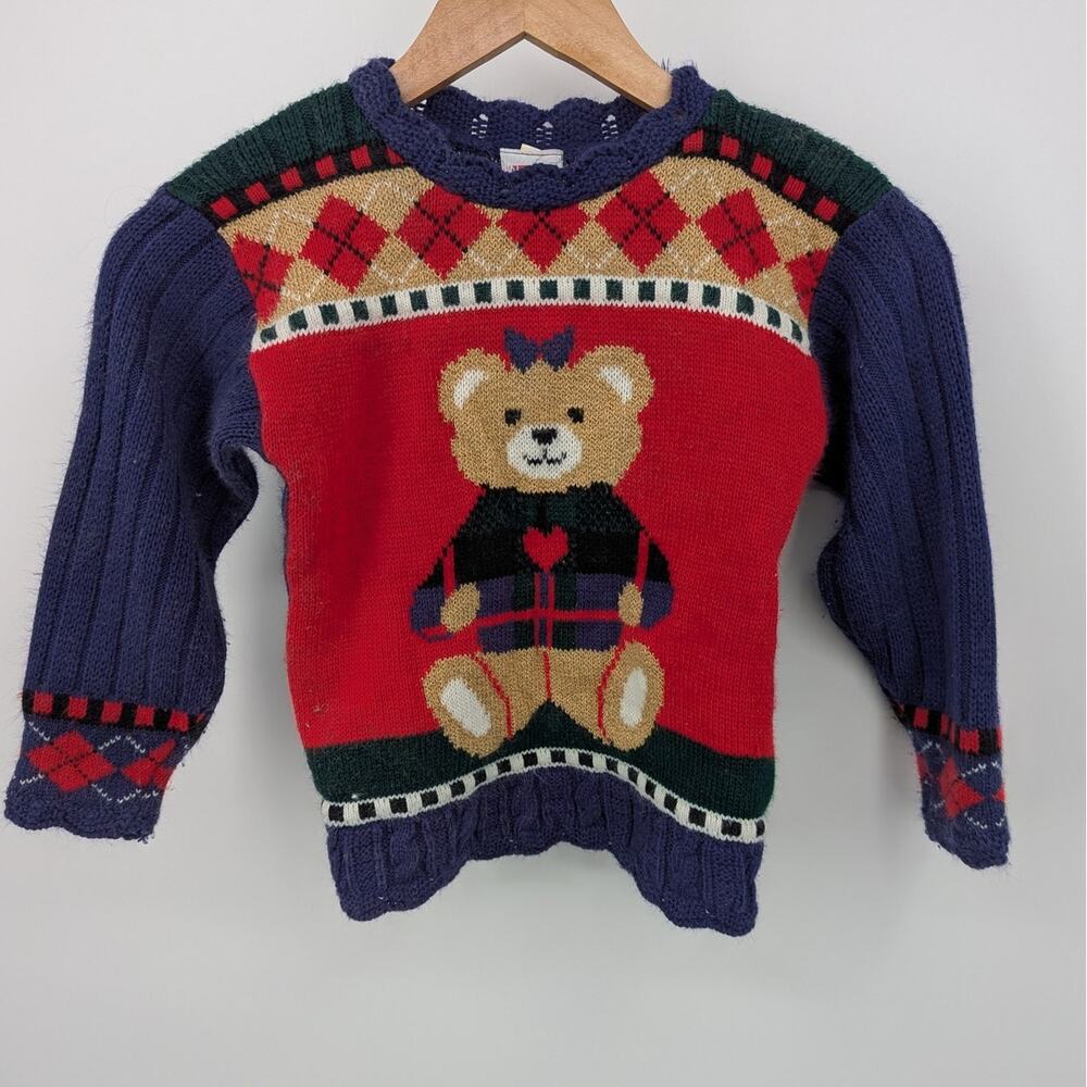 Vintage Noah's Ark Teddy Bear Loose Knit Childrens Sweater Kids Toddler Size 4T
